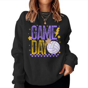 Volleyball Game Day Retro Girls Volleyball Mom Purple & Gold Women Sweatshirt - Thegiftio UK