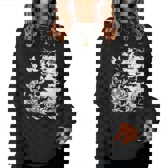 バラと蝶の猫、花柄 レディーススウェットシャツ - Kawaiitshirt