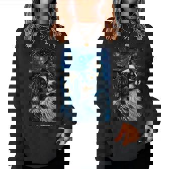 星月夜のパピヨン 絵画 犬 お母さん お父さん レディーススウェットシャツ - Kawaiitshirt