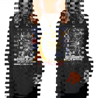 東京 東京タワーと花火大会 日本 漢字 By Kana Kanjin レディーススウェットシャツ - Kawaiitshirt