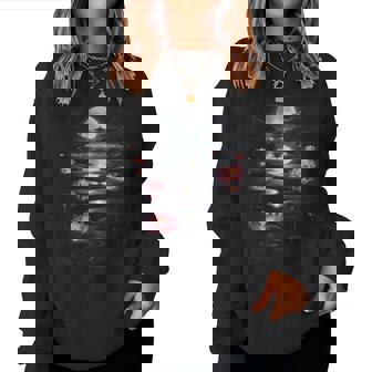 蓮の花 日本の月 反射 自然 恋人 デザイン レディーススウェットシャツ - Kawaiitshirt