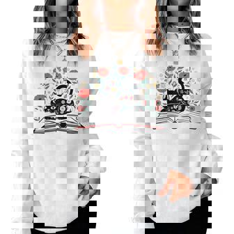 Cat Book Floral Cat Lover Cute Book Cat Bookworm Girls Women Women Sweatshirt - Monsterry