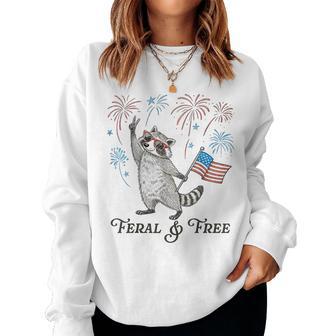 Feral & Free Usa Flag 4Th Of July Fireworks Raccoon Women Women Sweatshirt - Thegiftio UK