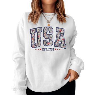 Floral Usa Est 1776 Patriotic Wildflower 4Th Of July Retro Women Sweatshirt - Thegiftio UK