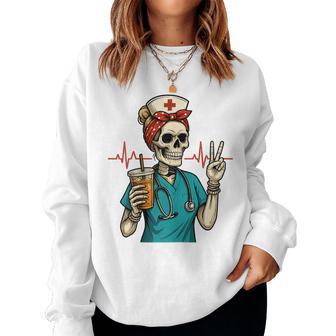 Skeleton Nurse Coffee Lover Halloween Women Sweatshirt - Thegiftio UK