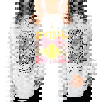 Groovy Softball Girl Girls Coquette Bow Softball Women Sweatshirt - Thegiftio