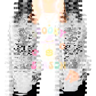 Groovypookyeason レトロ ゴースト 持株 パンプキン ハロウィン レディーススウェットシャツ - Kawaiitshirt