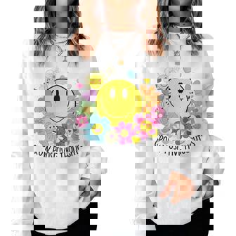 Grow Positive Thoughts イエロー スマイルフェイス 花 キッズ 女の子 レディーススウェットシャツ - Kawaiitshirt