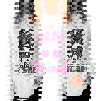 Hello 1St Grade Messy Bun Coquette First Day Of School Girls Women Sweatshirt | Mazezy