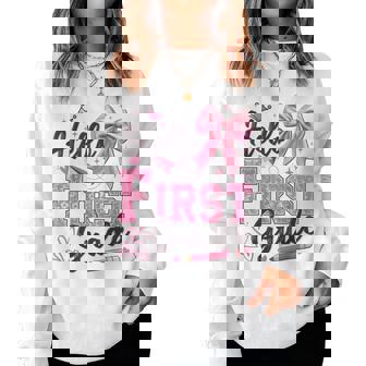 Hello First Grade First Day Of School Coquette Teacher Girl Women Sweatshirt - Monsterry