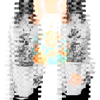 Highland Cow Pumpkin Teal Orange Fall Butterfly Autumn Girls Women Sweatshirt | Seseable CA