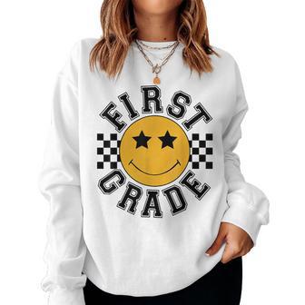 Retro First Grade Smile Face Back To School Teacher Student Women Sweatshirt - Thegiftio UK
