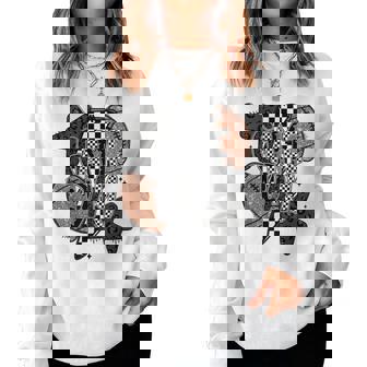 Retro Football Game Day Checkered Leopard Football Mama Mom Women Sweatshirt | Seseable CA