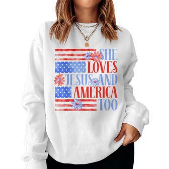 She Loves Jesus And America Too Usa Flag Floral 4Th Of July Women Sweatshirt - Thegiftio UK