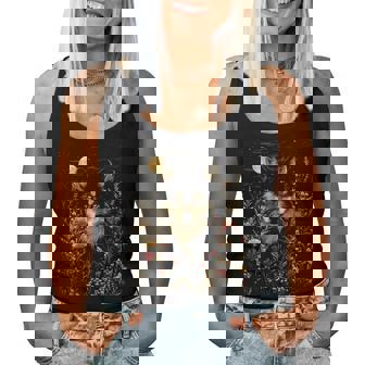 Black Wolf Full Moon Boho Floral Mystical Graphic Women Women Tank Top - Thegiftio