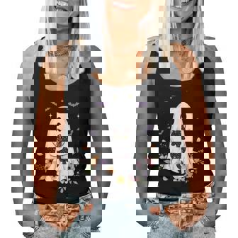 Cute Cat Ghost Flowers Spooky Halloween Vibes Women Women Tank Top - Thegiftio