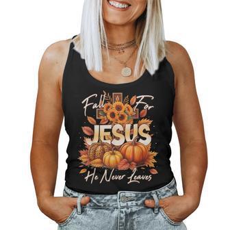 Fall For Jesus He Never Leaves Christian Faith Cross Pumpkin Women Tank Top - Thegiftio UK