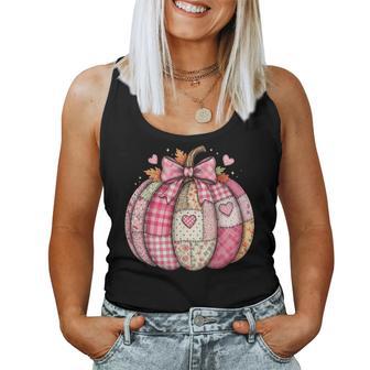 Pink Patchwork Fall Pumpkin Preppy Floral Girly Pumpkin Bow Women Tank Top - Thegiftio UK