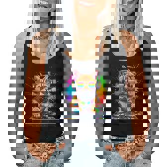 Rainbow Dj Chat Avec Lunettes Deoleil Casque Edm Musique Drôle Débardeur pour femme - Cadeauxyz