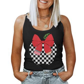 Retro Back To School Teacher Race Checkered Apple Pencil Bow Women Tank Top - Thegiftio UK