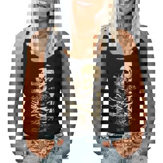 Skeleton Hugging Cat Halloween Cat Lover Cat Mom Dad Bruh For Women Women Tank Top - Thegiftio