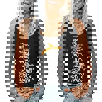 Skeleton Messy Bun Drinking Coffee Halloween Costume Womens Women Tank Top - Thegiftio