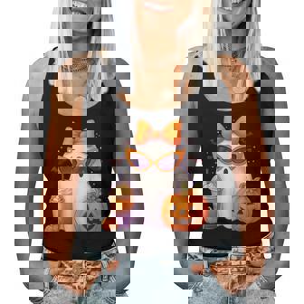 Spooky Cute Ghost Drinking Pumpkin Iced Coffee Halloween Bow Women Tank Top - Thegiftio