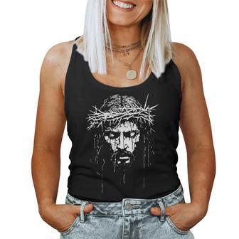 Vintage Face Of Jesus Christ Portrait With Crown Christian Women Tank Top - Monsterry