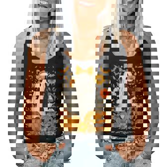 Vintage Halloween Ghost Holding Black Cat Groovy Floral Women Tank Top | Seseable UK