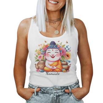 Un Bouddha Heureux Avec Thé Et Fleurs Yoga Namaste Débardeur pour femme - Cadeauxyz
