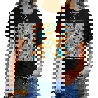 Cactus Abstrait Et Fleurs En Bleu Blanc Et Gris T-shirt femme - Cadeauxyz