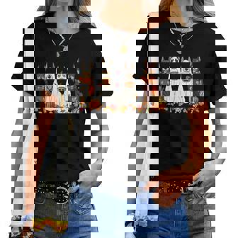 Doberman Dog Ghost Fall Autumn Leaves Thanksgiving Women T-shirt | Mazezy