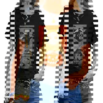 Vintage Black Cat Halloween Pumpkin Spooky Ghost Women Women T-shirt | Mazezy