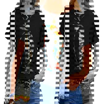 ボタニカルフラワーのシルエット 花柄 ペンギン レディースTシャツ - Kawaiitshirt