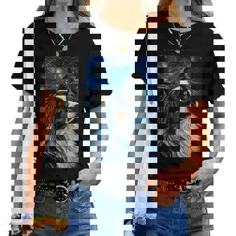 星月夜のパピヨン 絵画 犬 お母さん お父さん レディースTシャツ - Kawaiitshirt