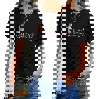 柴 いぬ 柴犬 イラスト おしゃれ シンプル かわいい 花 手描き 手書き 春の色 犬飼い 犬好き 犬柄 長袖tシャツ レディースTシャツ - Kawaiitshirt