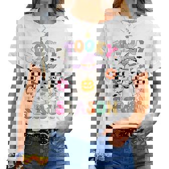 Groovypookyeason レトロ ゴースト 持株 パンプキン ハロウィン レディースTシャツ - Kawaiitshirt