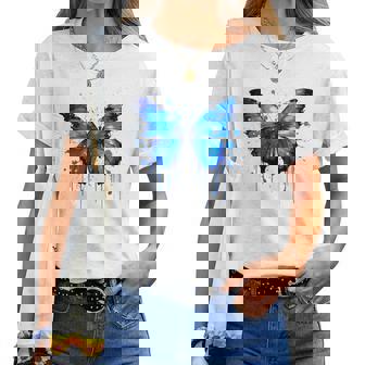 Mariposa Azulalpicaduras De Pintura Azul Mariposa In Mangas Camiseta de mujer - Regaloses