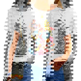 カラフル 花 猫 レディースTシャツ - Kawaiitshirt