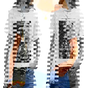 ピンナップガールtシャツ セクシーな天使の悪魔の女の子 B&W バックプリント レディースTシャツ - Kawaiitshirt