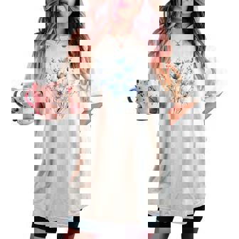 Blue Wildflower Bouquet Watercolor Botanical Women's Oversized Comfort T-shirt - Thegiftio