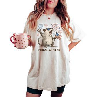 Feral And Free Possum 4Th Of July American Flag Womens Women's Oversized Comfort T-shirt - Thegiftio UK