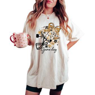 Floral Football Game Day Girly Bow Team Spirit Black & Gold Women's Oversized Comfort T-shirt - Monsterry