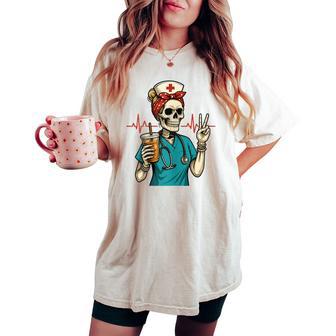 Skeleton Nurse Coffee Lover Halloween Women's Oversized Comfort T-shirt - Thegiftio UK