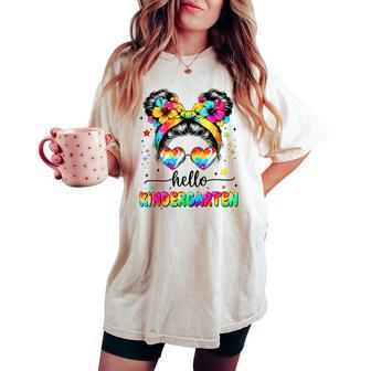 Hello Kindergarten Messy Bun First Day Of School Outfits Women's Oversized Comfort T-shirt - Thegiftio UK