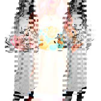 Highland Cow Pumpkin Teal Orange Fall Butterfly Autumn Girls Women's Oversized Comfort T-shirt | Seseable CA