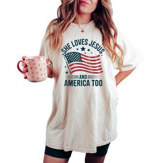 She Loves Jesus And America Too American Usa Flag Women Women's Oversized Comfort T-shirt - Thegiftio UK
