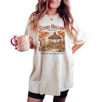 Stars Hollow Pumpkin Thanksgiving Autumn Fall Y'all Leaves Women's Oversized Comfort T-shirt - Thegiftio UK