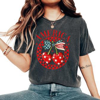 America Cherries Bow 4Th Of July Girls Womans Usa Flag Women's Oversized Comfort T-Shirt - Thegiftio UK