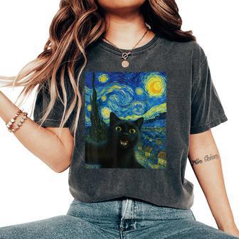 Black Cat Starry Night Van Gogh Cat Selfie Cat Mom Cat Lover Women's Oversized Comfort T-Shirt - Thegiftio UK